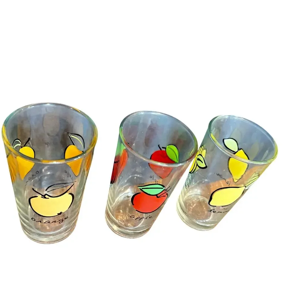 Vintage Firna Indonesia Fruit Tumbler Glasses Set of 3‎ Apple Lemon Orange 12 oz